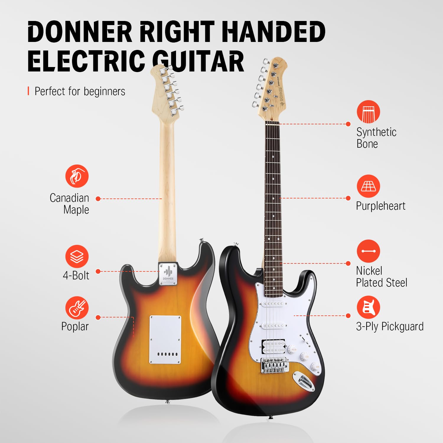 Donner DST-100S 39 Inch Full Size Electric Guitar Kit Solid Body Sunburst, Beginner Starter, with Amplifier, Bag, Capo, Strap, S